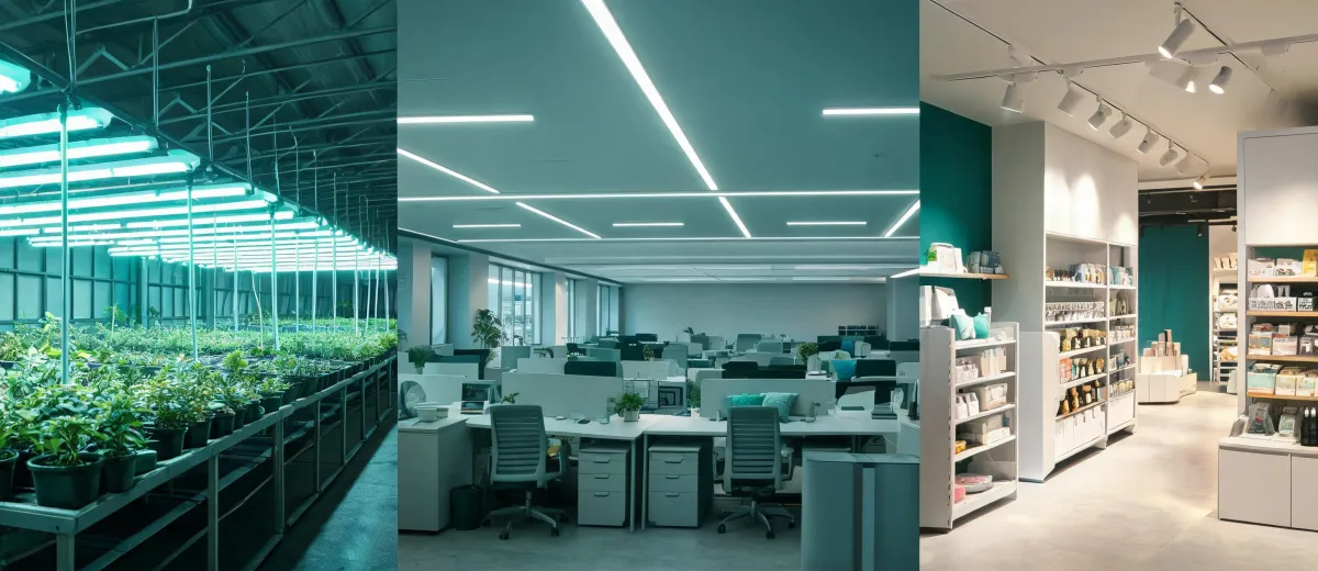 Architectural collage of greenhouse and commercial lighting applications